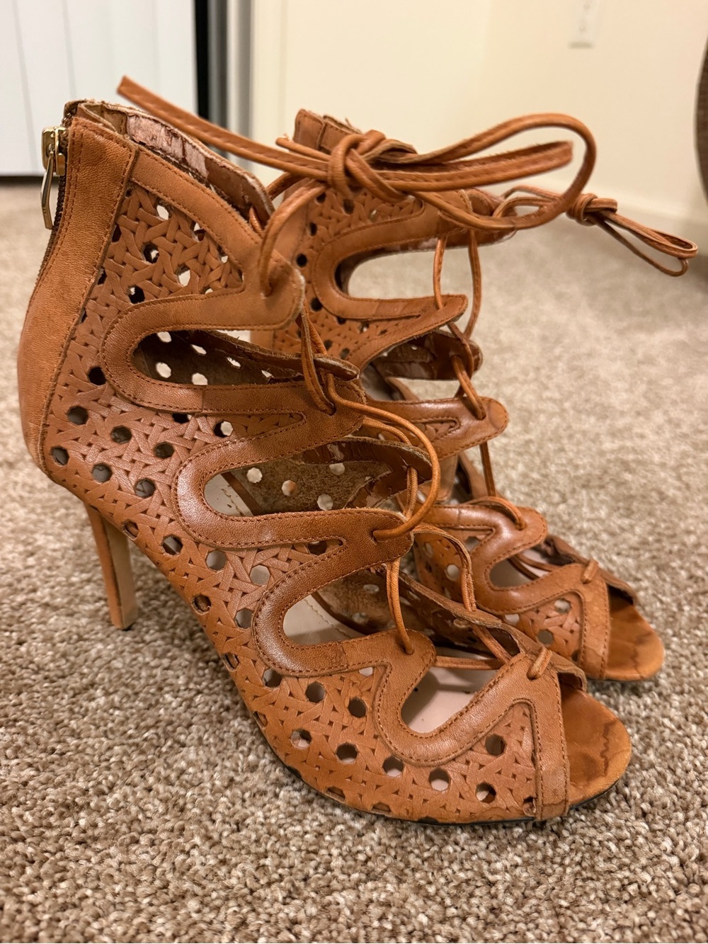 Vince Camuto Tan Laser-Cut Lace-Up Peep Toe Heels